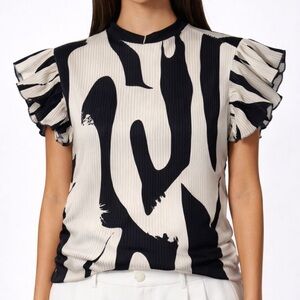 Black and Cream Ruffle Sleeve Top